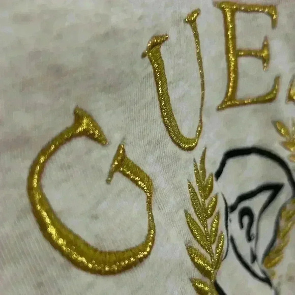 GUESS cropped cream 1/4 zip sweatshirt. Raised stitching in gold. Size Large. - Picture 4 of 7